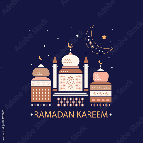 Ramadan Kareem Greeting Card. Islamic Design with Mosque and Crescent Moon, Vector Illustration