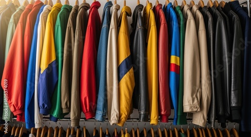 Wallpaper Mural colorful selection of vintage jackets on wooden hangers in a closet reflecting fashion diversity Torontodigital.ca