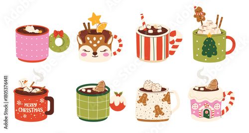 Set of cute Christmas Mugs in shape of gingerbread, snowman. Сacao with whipped cream, marshmallow and candy cane. Seasonal flavored products, cards for New Year or winter holidays. Vector flat