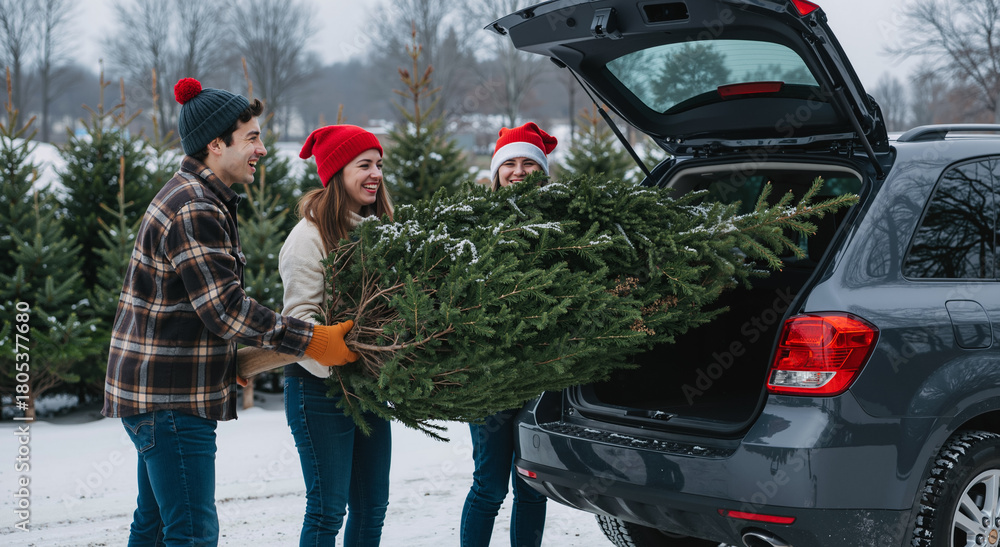 Naklejka premium friends loading christmas tree into car on snowy day at outdoor tree farm