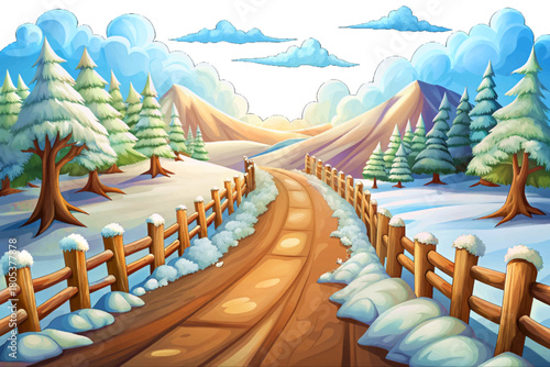 Rough brown country road partly visible under fluffy snow, wooden fences on both sides