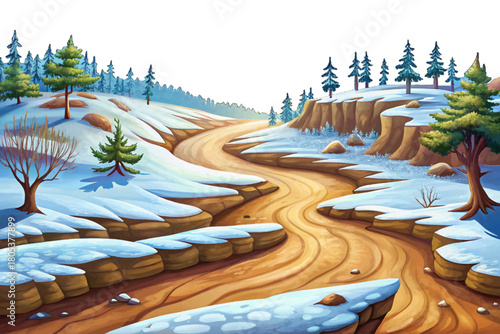 winding muddy winter trail cutting across soft white hills under pale blue sky