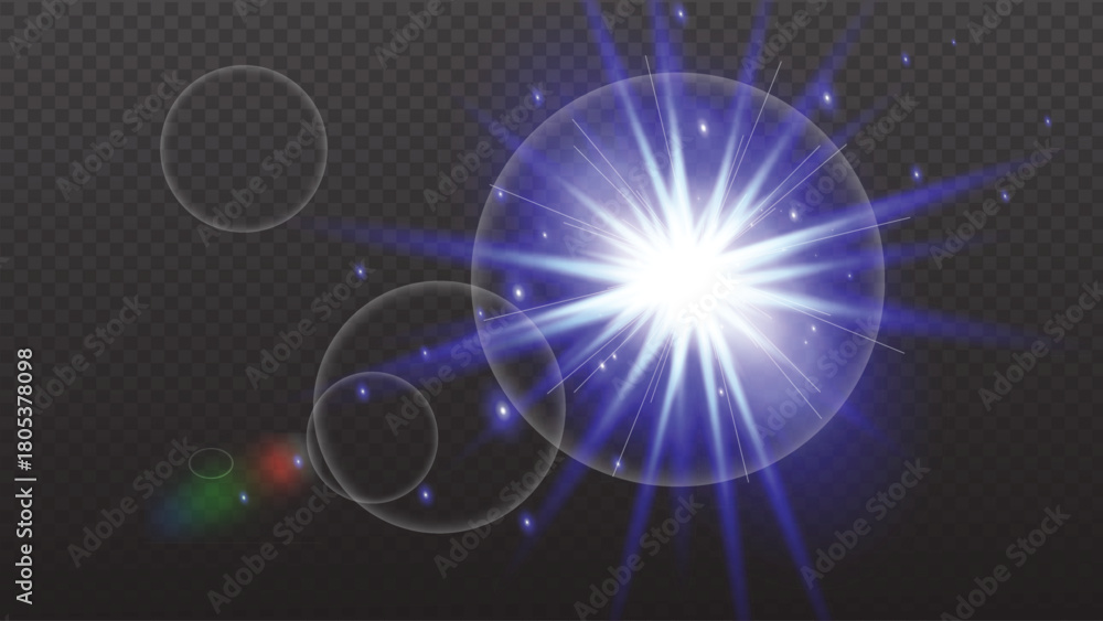 Fototapeta premium Bright Blue Lens Flare Burst Effect with Glowing Light Rays and Transparent Background