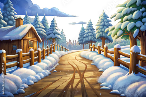 Rough brown country road partly visible under fluffy snow, wooden fences on both sides