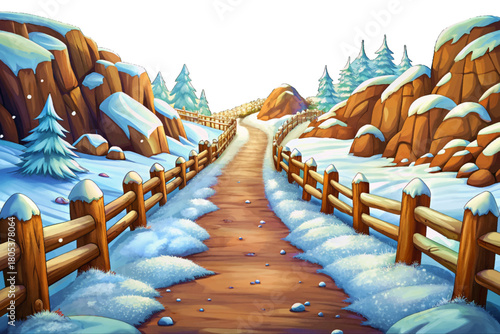 Rough brown country road partly visible under fluffy snow, wooden fences on both sides