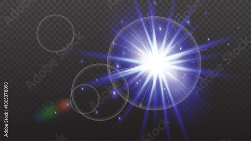 Bright Blue Lens Flare Burst Effect with Glowing Light Rays and Transparent Background
