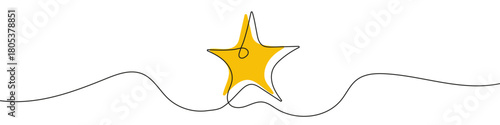 Star in one line art style. Drawing of a five-pointed star, with editable black stroke and yellow color on a white background. Vector illustration