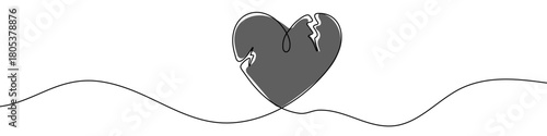 Broken Heart in one line art style. Drawing of a cracked heart, with editable black stroke and grey color on a white background. Vector illustration.