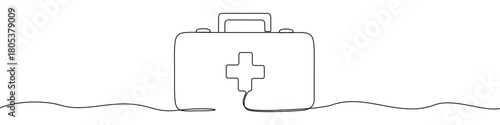 First Aid Kit in one line art style. Drawing of a satchel with a cross symbol, with editable black stroke on a white background. Vector illustration.