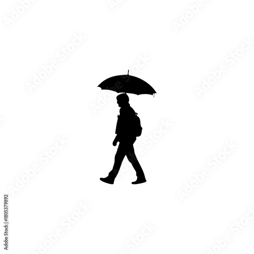 Silhouette of person with backpack walking under umbrella, abstract travel concept