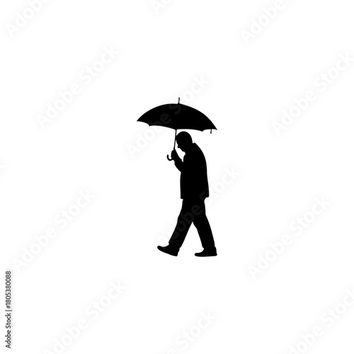 Man walking with umbrella on white background, silhouette, symbol of protection and solitude