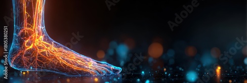 3D illustration of human foot with glowing veins and nerves in futuristic digital style