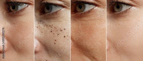 Macro collage showing close-up stages of facial skin with pigmentation spots, freckles, and large pores, demonstrating improvement after dermatological treatment 