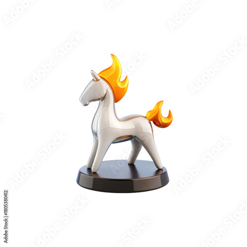 White standing horse figurine on a dark round base, orange-yellow flame mane and tail, smooth 3D form with polished highlights, isolated image png.