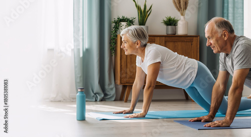 active senior couple practicing yoga at home in bright cozy living room for healthy lifestyle