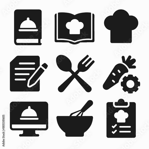 Culinary icons set: recipe book, chef hat, cooking tools, and ingredients