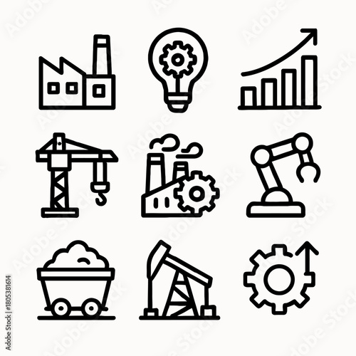 Industrial and engineering line icons - factory, innovation, growth, machinery, production