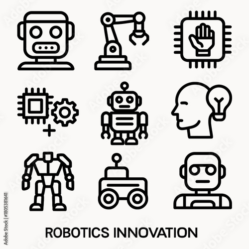 Robotics innovation: diverse robot designs and robotics technology icons