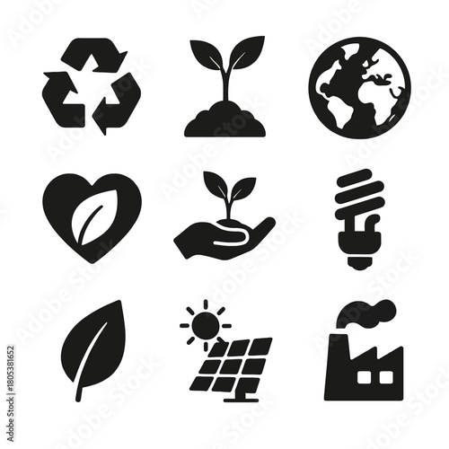 Sustainability icons: recycling, eco-friendly growth, renewable energy, conservation symbols
