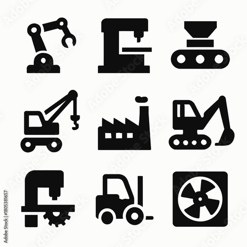 Industrial equipment icons collection featuring machinery and tools