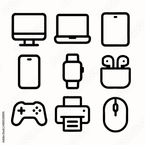 Black line icons of modern gadgets: laptop, smartphone, tablet, smartwatch, earbuds, game controller, printer, mouse
