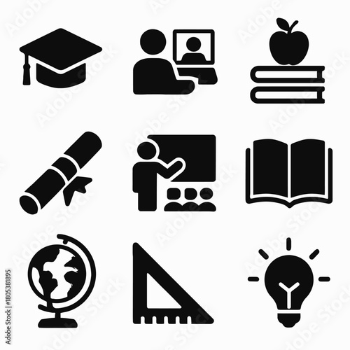 Education icons set: graduation, learning, teaching, books, globe, ideas, ruler, diploma