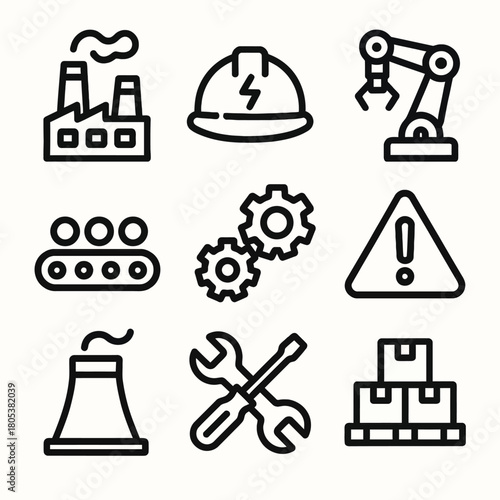 Industrial icons set featuring factory, hard hat, robot arm, conveyor belt, and tools