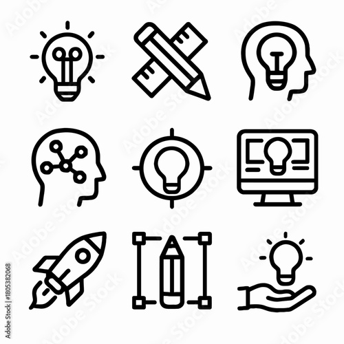 Creative icons: light bulb, rocket, pencil, computer head, and design concepts