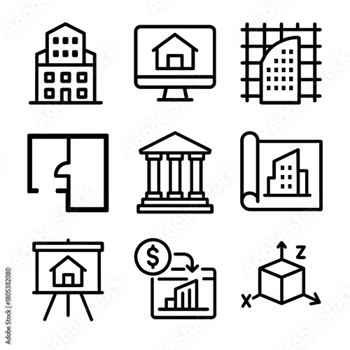 Linear architecture icons: buildings, floor plans, computer, blueprint, chart