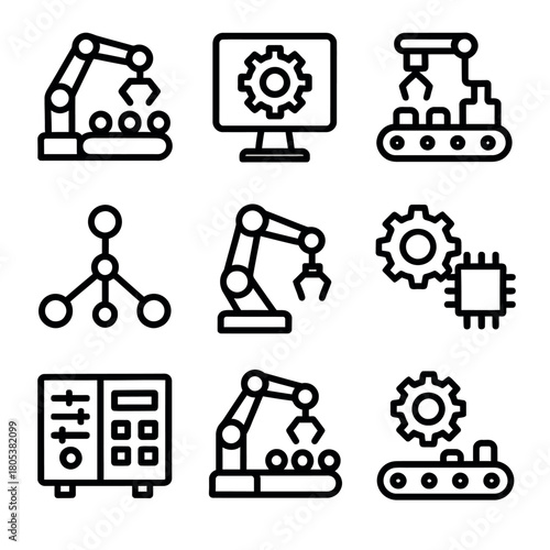 Industrial automation icons set: robots, gears, circuits, and conveyors in vector style