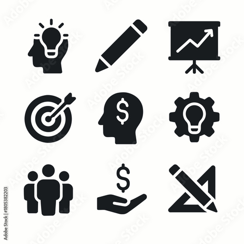 Business and creativity icons: innovation, strategy, goals, teamwork