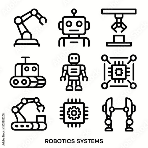 Robotics systems: icon set featuring robots, microchips, and mechanical arms