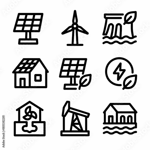 Renewable energy icons: solar, wind, hydro, biomass