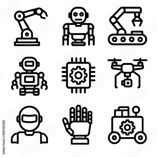 Robotic icons set featuring arm, drone, ai, and robotics technology elements