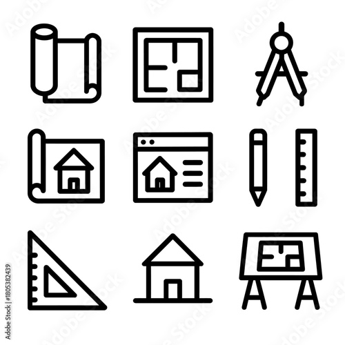 Architectural tools and symbols: blueprints, compass, ruler, pencil, and house icons
