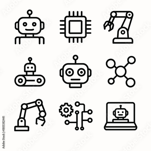 Robotics and ai icons: robot, microchip, robotic arm, molecule, circuit