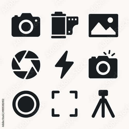 Photography icon set: camera, film roll, image, shutter, flash, tripod
