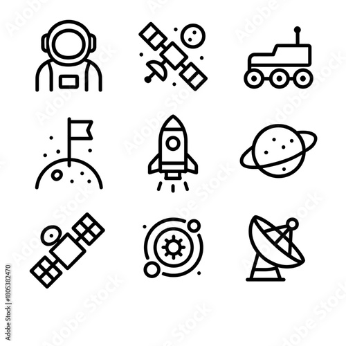 Space exploration icons: astronaut, satellite, rover, rocket, planet