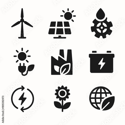 Renewable energy icons: wind, solar, hydro, factory, battery, recycling, sunflower, globe