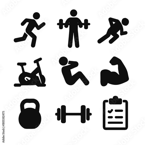Black fitness icons: running, weightlifting, cycling, and strength training symbols