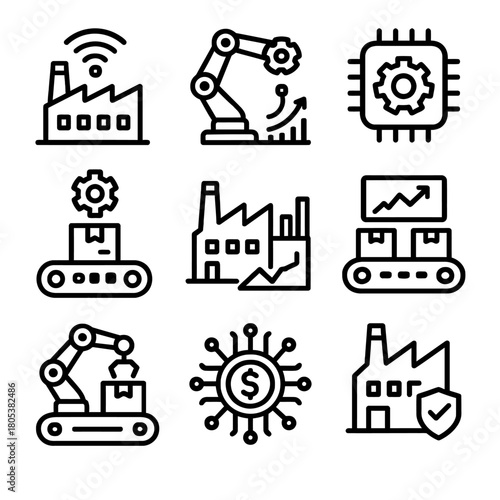 Industrial automation icons depicting factories and robotics