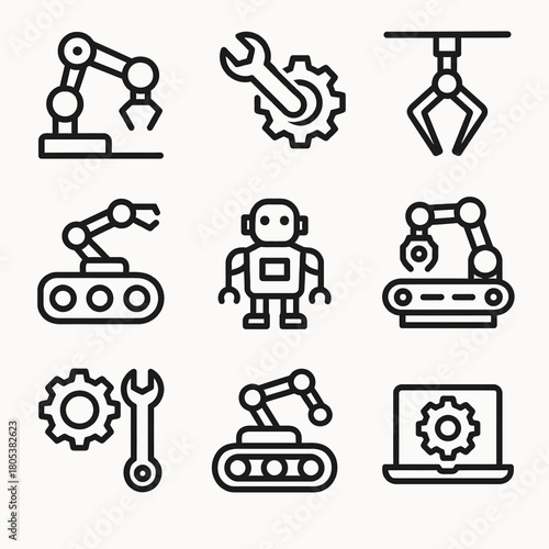 Industrial automation icons set featuring robot arms and mechanical tools
