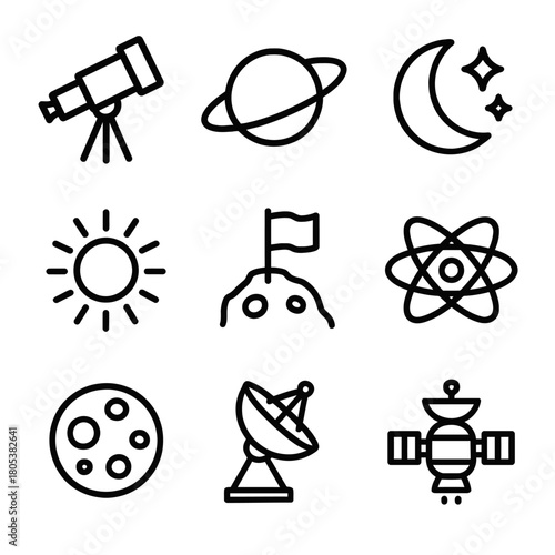 Astronomy icons: telescope, planet, moon, sun, flag, atom, satellite, antenna