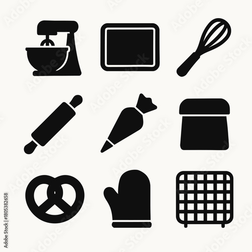 Baking tools icons collection: mixer, whisk, rolling pin, oven mitt, and more