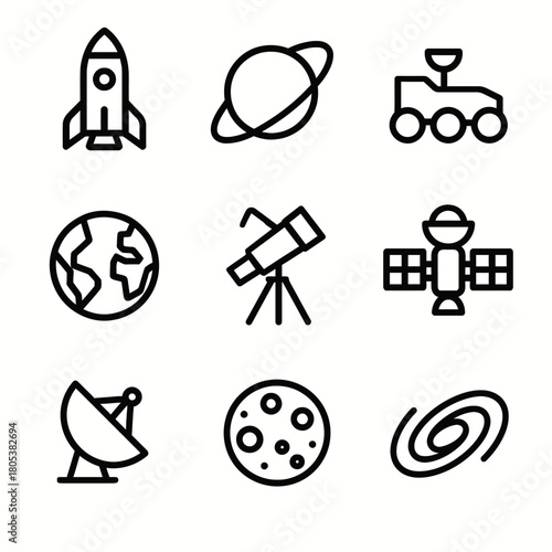 Space exploration icons: rocket, planet, rover, earth, telescope, satellite, antenna, moon, galaxy