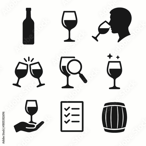 Black wine icon set featuring glasses, bottles, and barrels