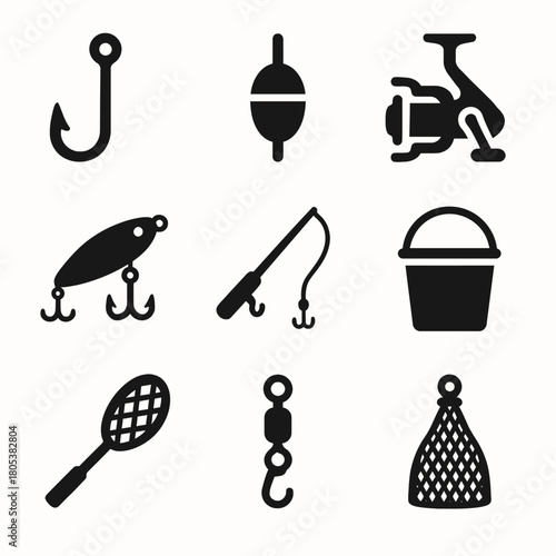 Fishing equipment icons: hook, bobber, reel, lure, rod, bucket, racket, swivel, net