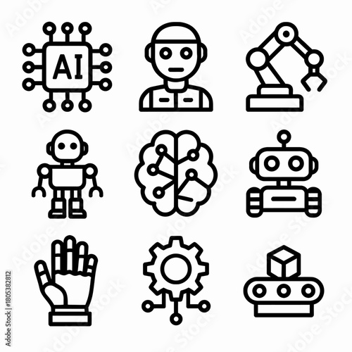 Ai technology icons: robots, robotics arm, artificial intelligence, brain, hand, machinery