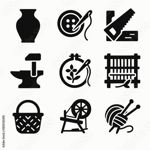 Craft and tool icons: pottery, sewing, weaving, knitting, and carpentry symbols