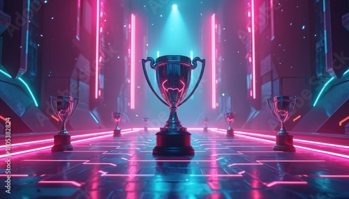 Illustration presents a gaming tournament. Center stage is a shiny trophy. Neon lights and glowing details create futuristic tech environment. Award and championship concept design.